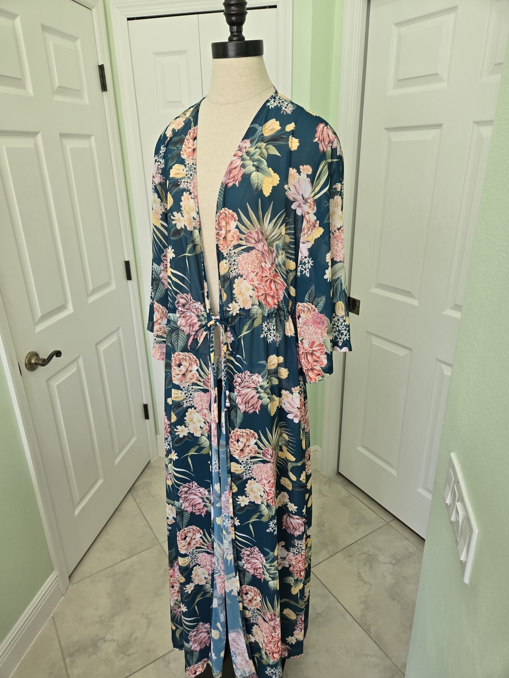 Jantzen Emerald Floral Swim Coverup Maxi Kimono Swimwear Beach Resort Pool